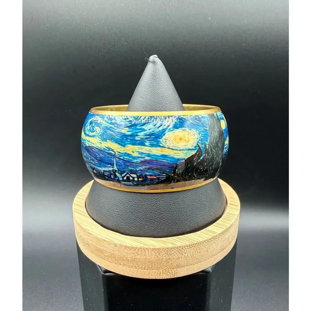 Vintage Vincent van Gogh 'The Starry Night' Gold Tone Metal Bangle Bracelet